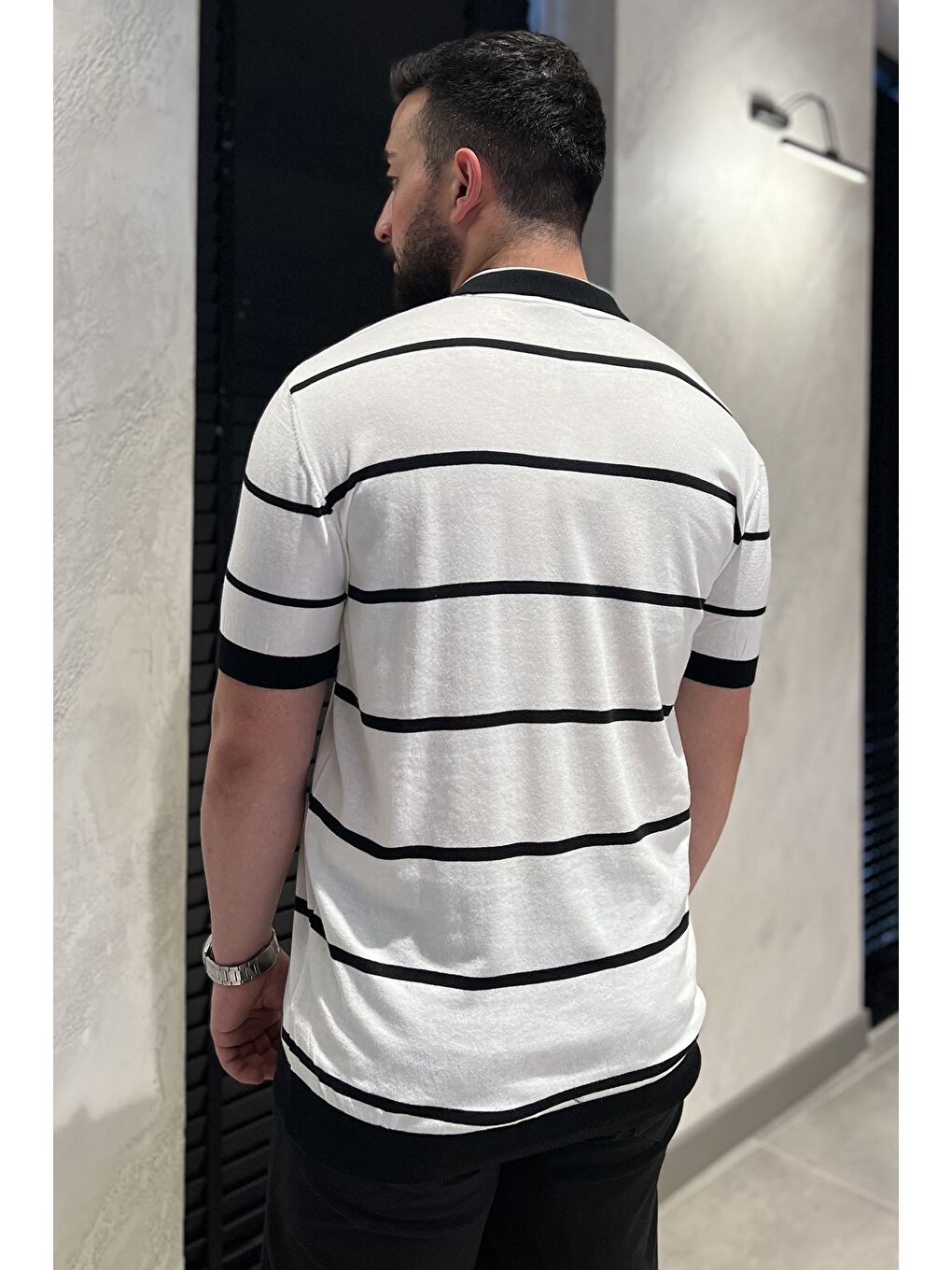 Beyaz Erkek Polo Yaka Çizgi Desenli Triko Tişört-2