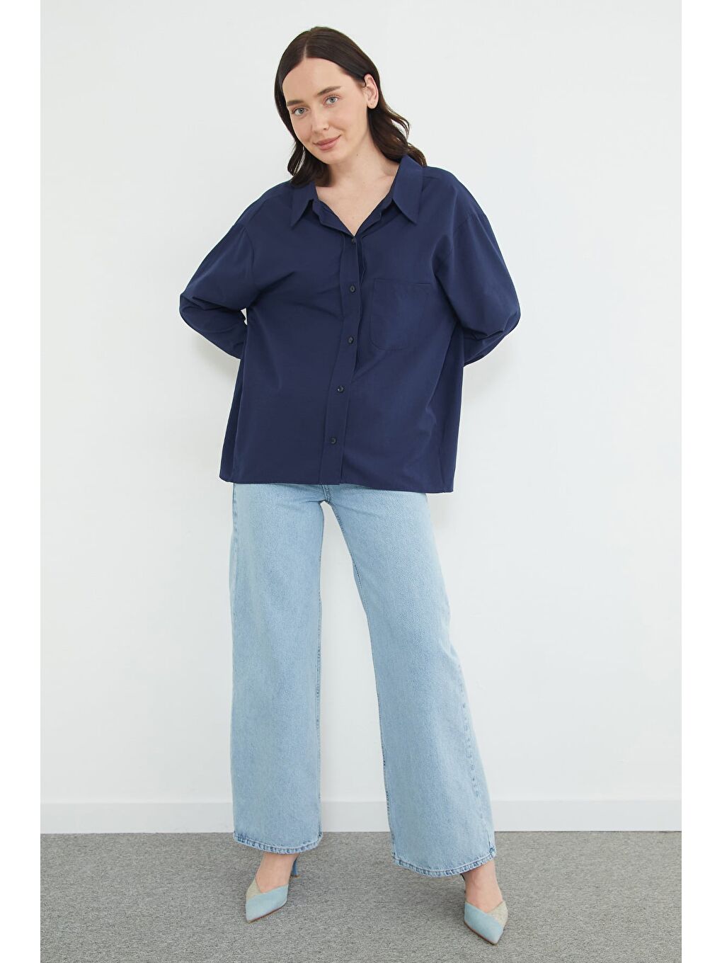 Lacivert Basic Tek Cepli Oversize Gömlek-4