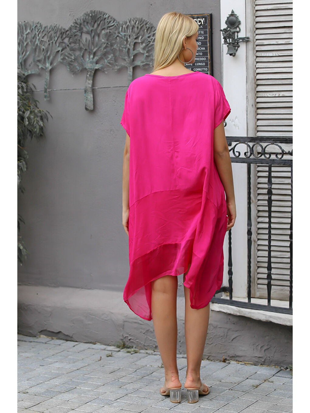 İtalyan Fuşya Kayık Yaka Düşük Kol Örme Elbise-5