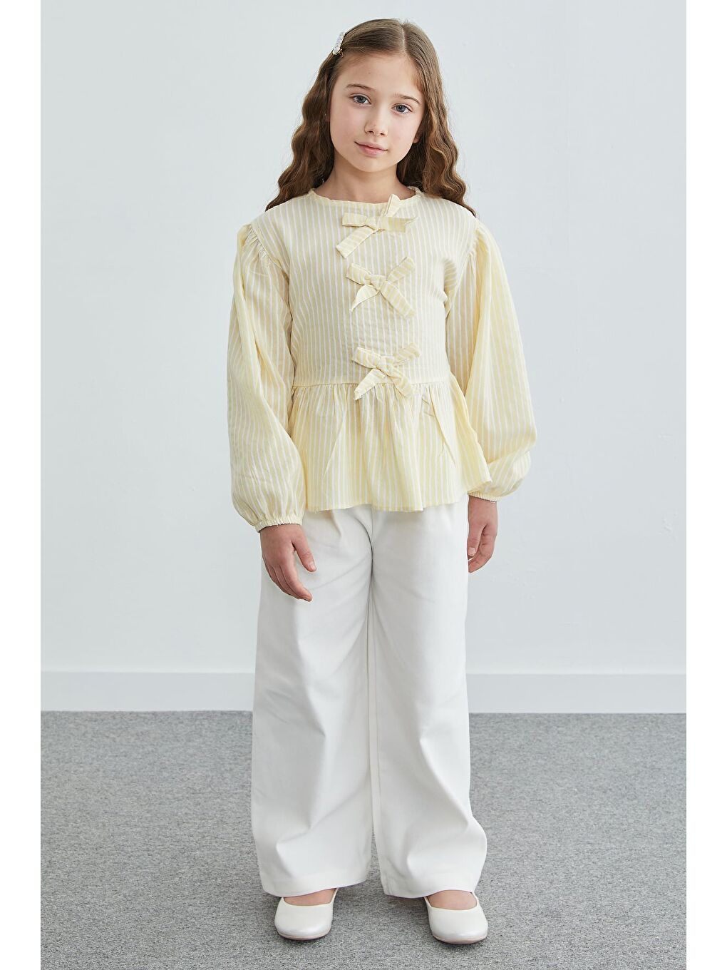 Sarı Fiyonk Detaylı Çizgili Kız Çocuk Bluz-2