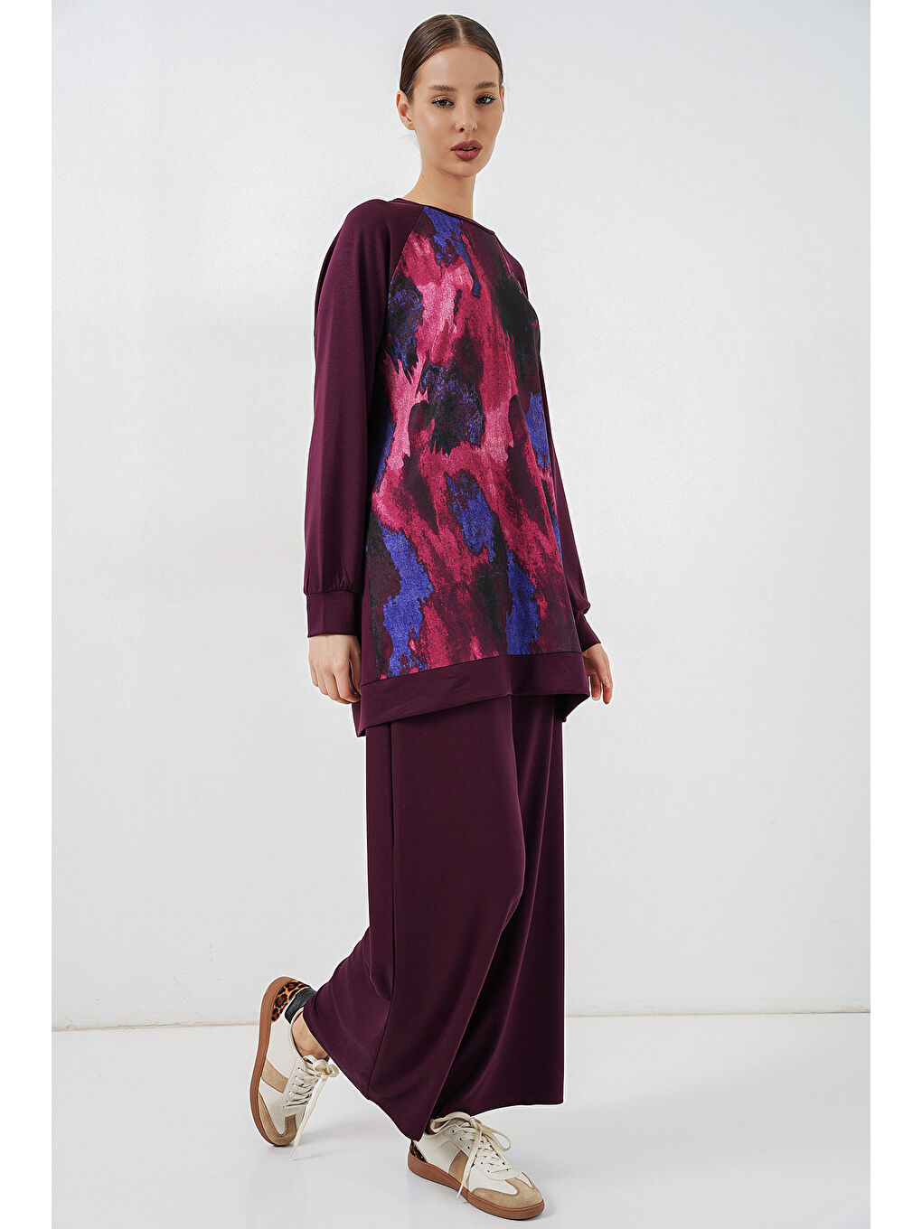 Kadın Desenli Oversize Tunik Pantolon İkili Takım 55462 - Mor-2