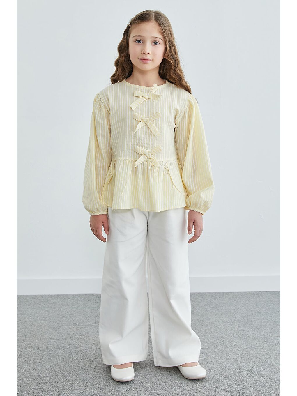 Sarı Fiyonk Detaylı Çizgili Kız Çocuk Bluz-3