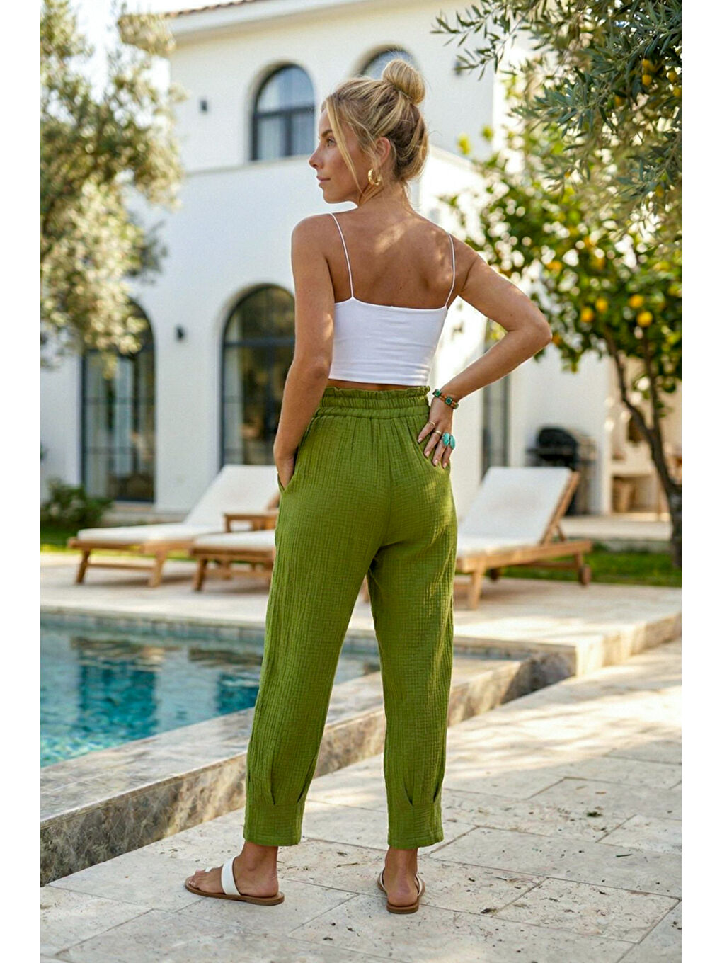 Yeşil Cepli Paçası Dikişli Lastikli Bel Şalvar Paça Casual Müslin Dokuma Pantolon 94 63-4