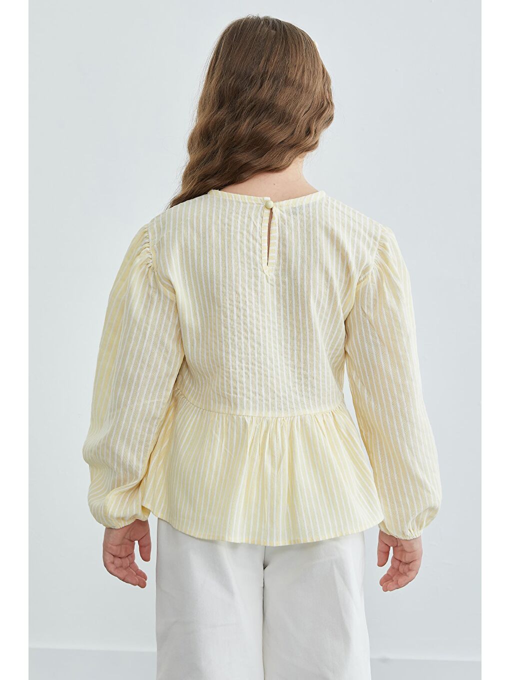 Sarı Fiyonk Detaylı Çizgili Kız Çocuk Bluz-4