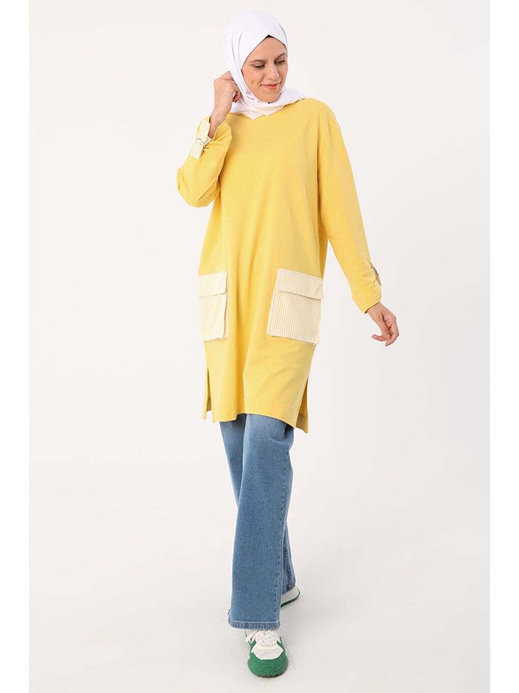 Sarı Kolları Apoletli Çizgili Cepli Tunik