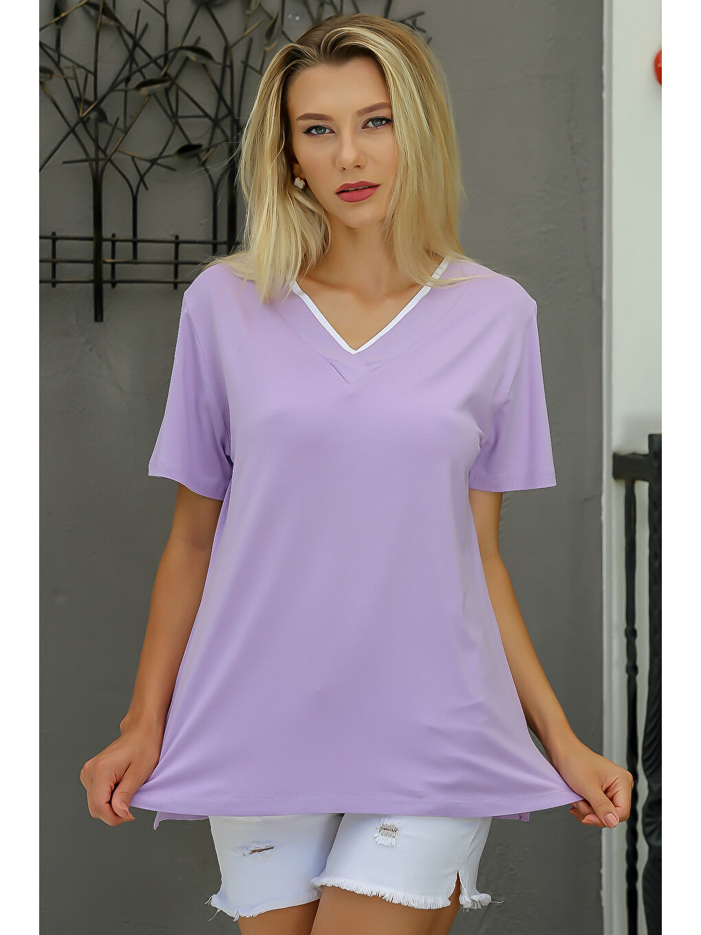 Lila V Yaka Kısa Kol Düz Renk Örme Bluz