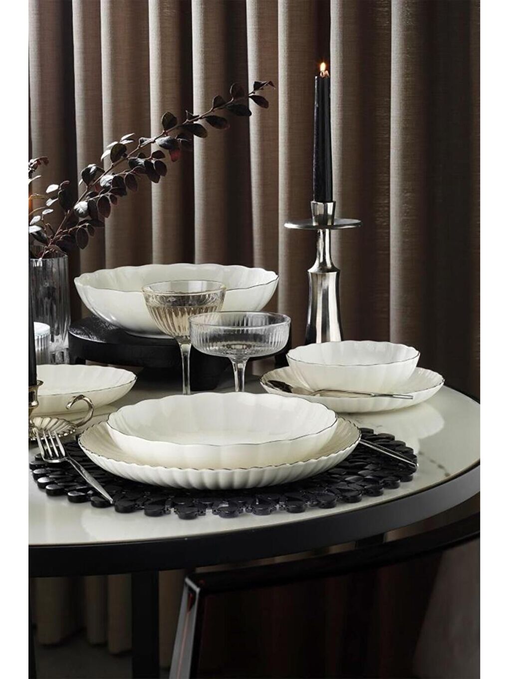 Ekru Bone Luz Form Yemek Takımı Platin 27 Parça 6 Kişilik