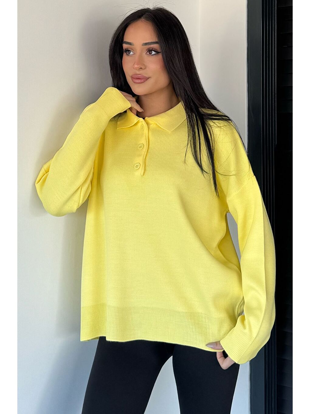 Sarı Kadın Yarım Düğmeli Triko Kazak-1