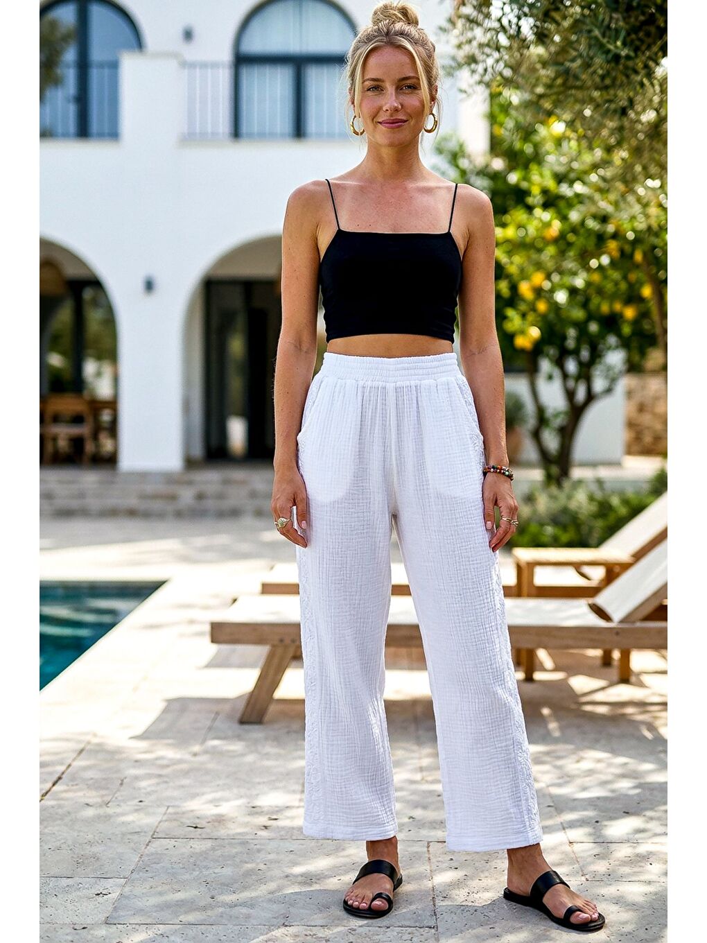 Beyaz Cepli Yanları Dantelli Lastikli Bel Casual Müslin Dokuma Pantolon 92 60-1