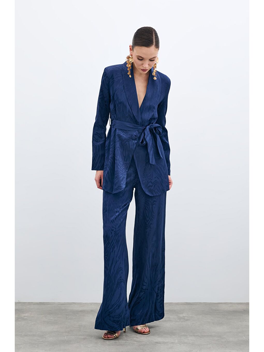 Yüksek Bel Desenli Pantolon - Lacivert-1