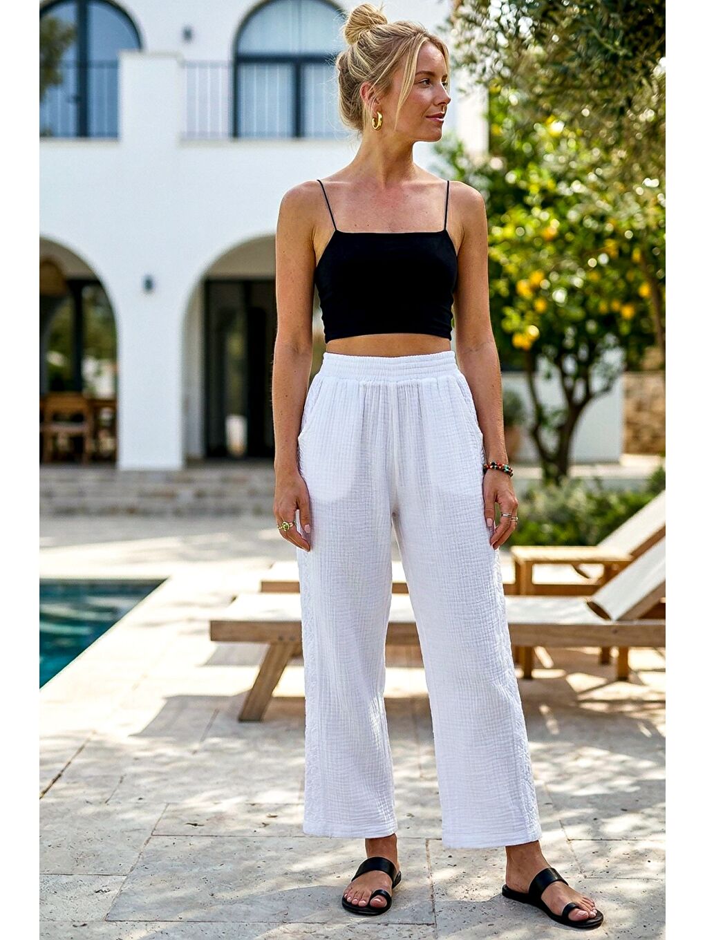 Beyaz Cepli Yanları Dantelli Lastikli Bel Casual Müslin Dokuma Pantolon 92 60-2