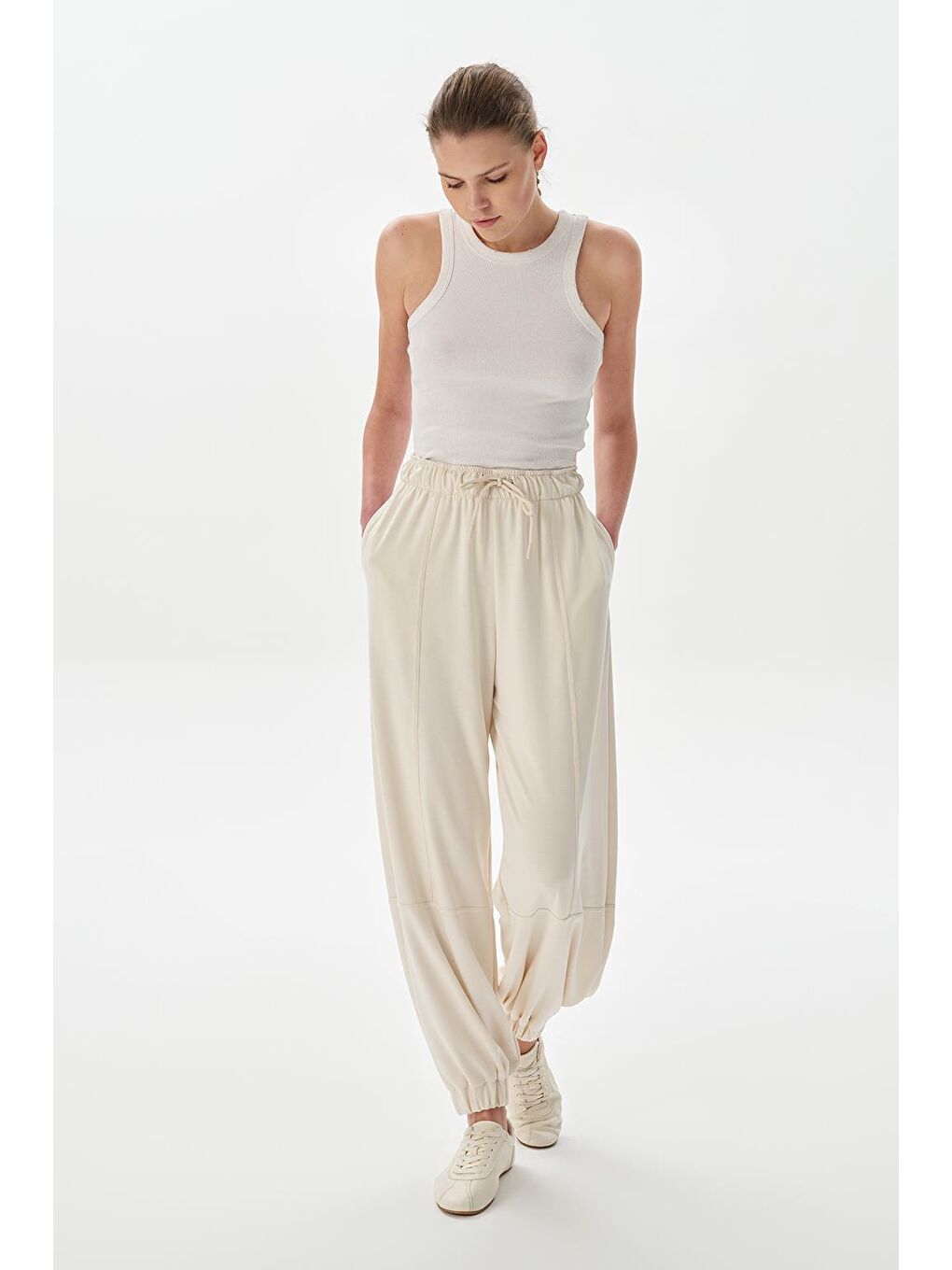 Modal Örme Extra Bol Jogger Pantolon Ekru-1