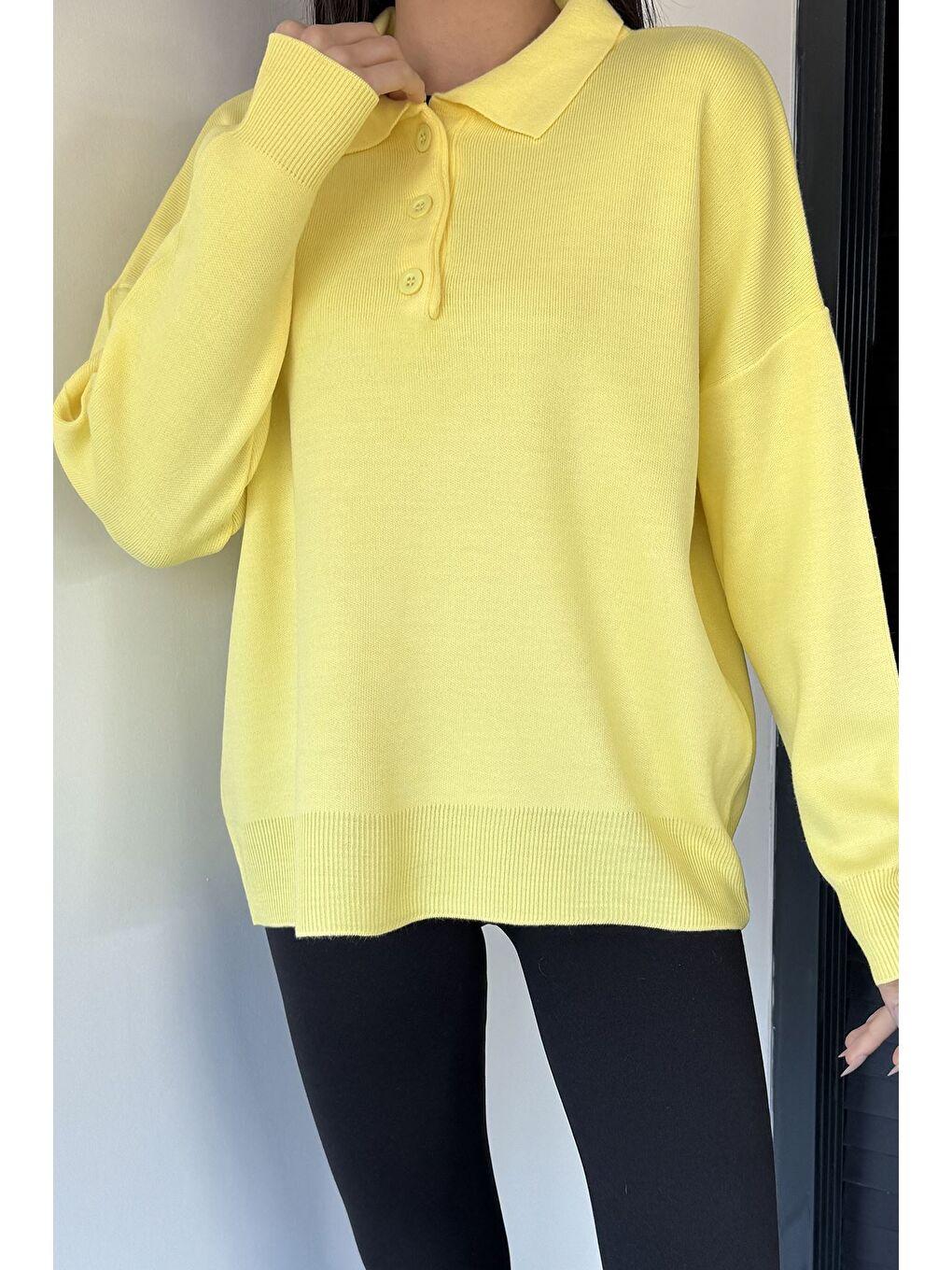 Sarı Kadın Yarım Düğmeli Triko Kazak-2