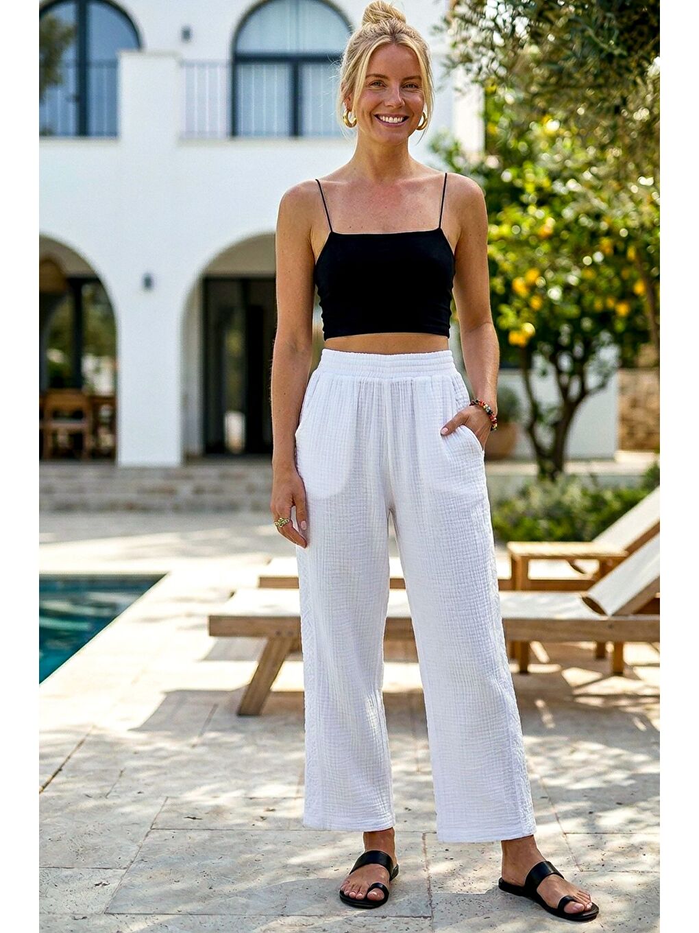 Beyaz Cepli Yanları Dantelli Lastikli Bel Casual Müslin Dokuma Pantolon 92 60-3