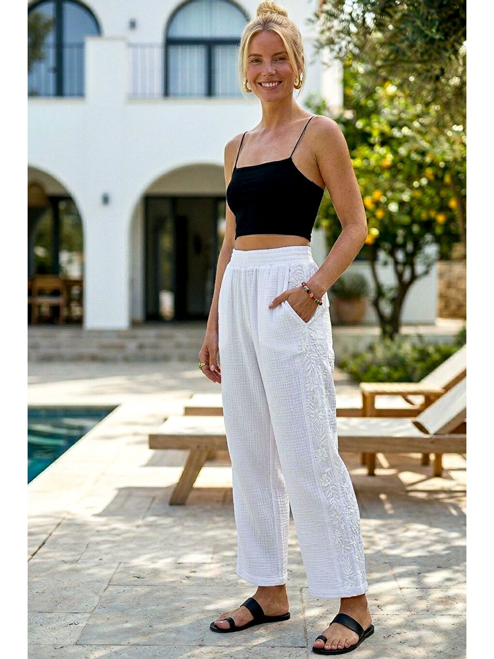 Beyaz Cepli Yanları Dantelli Lastikli Bel Casual Müslin Dokuma Pantolon 92 60-4