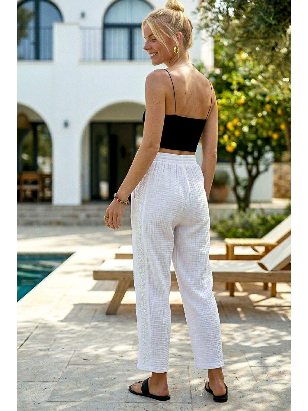 Beyaz Cepli Yanları Dantelli Lastikli Bel Casual Müslin Dokuma Pantolon 92 60-5