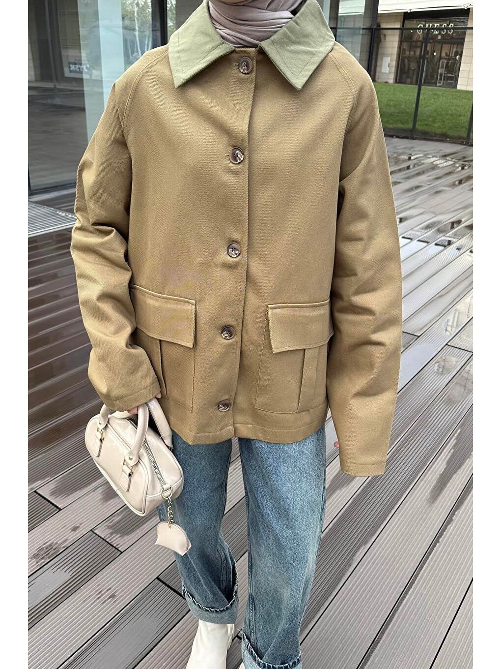 Yaka Detaylı Düğmeli Gabardin Ceket Haki-1