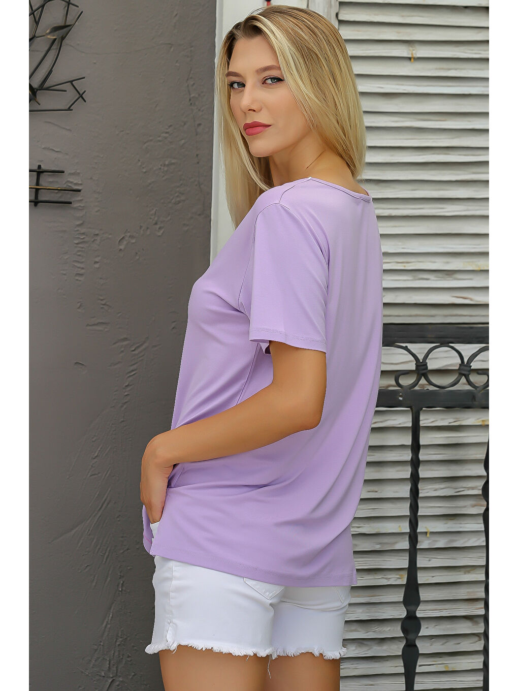 Lila V Yaka Kısa Kol Düz Renk Örme Bluz-1