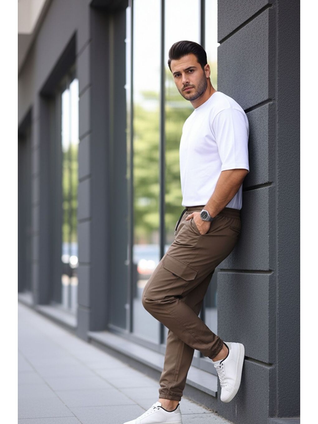 Yeşil Erkek Paraşüt Kumaş Tarz Cepli Paça Ve Bel Lastikli Jogger Spor Pantolon-2