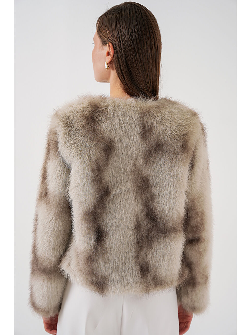 Kadın Pelüş Kürk Mont 5225 - Bej-6