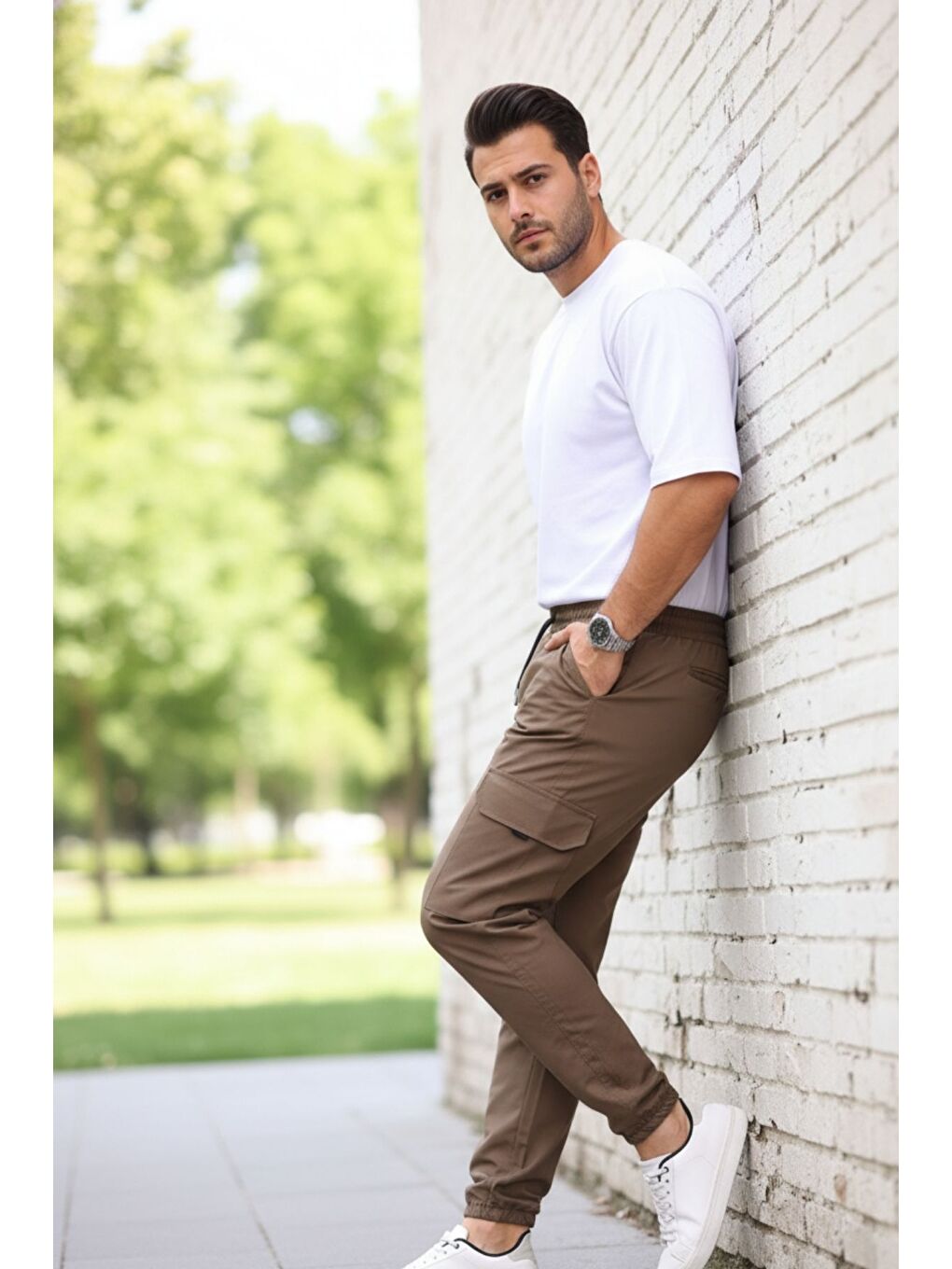 Yeşil Erkek Paraşüt Kumaş Tarz Cepli Paça Ve Bel Lastikli Jogger Spor Pantolon-3