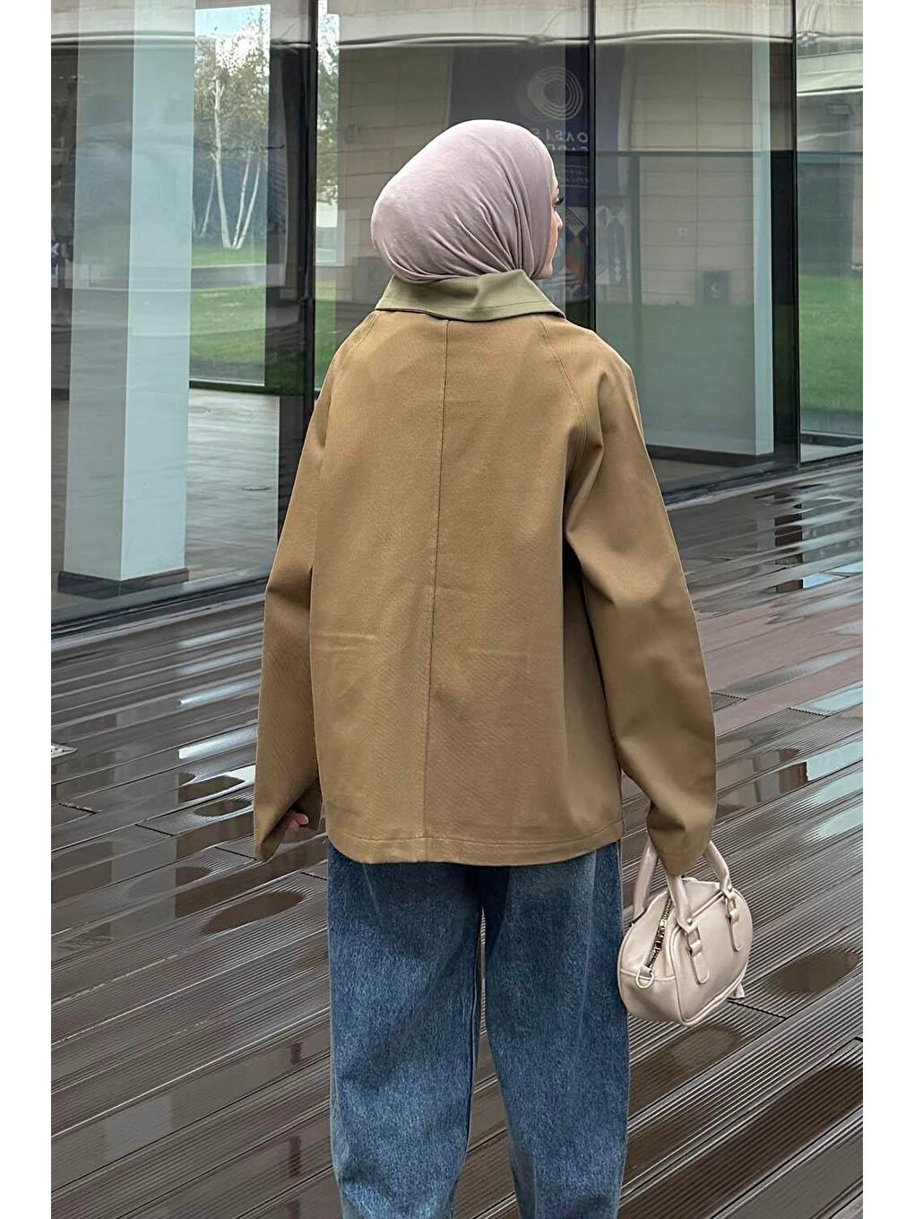 Yaka Detaylı Düğmeli Gabardin Ceket Haki-2