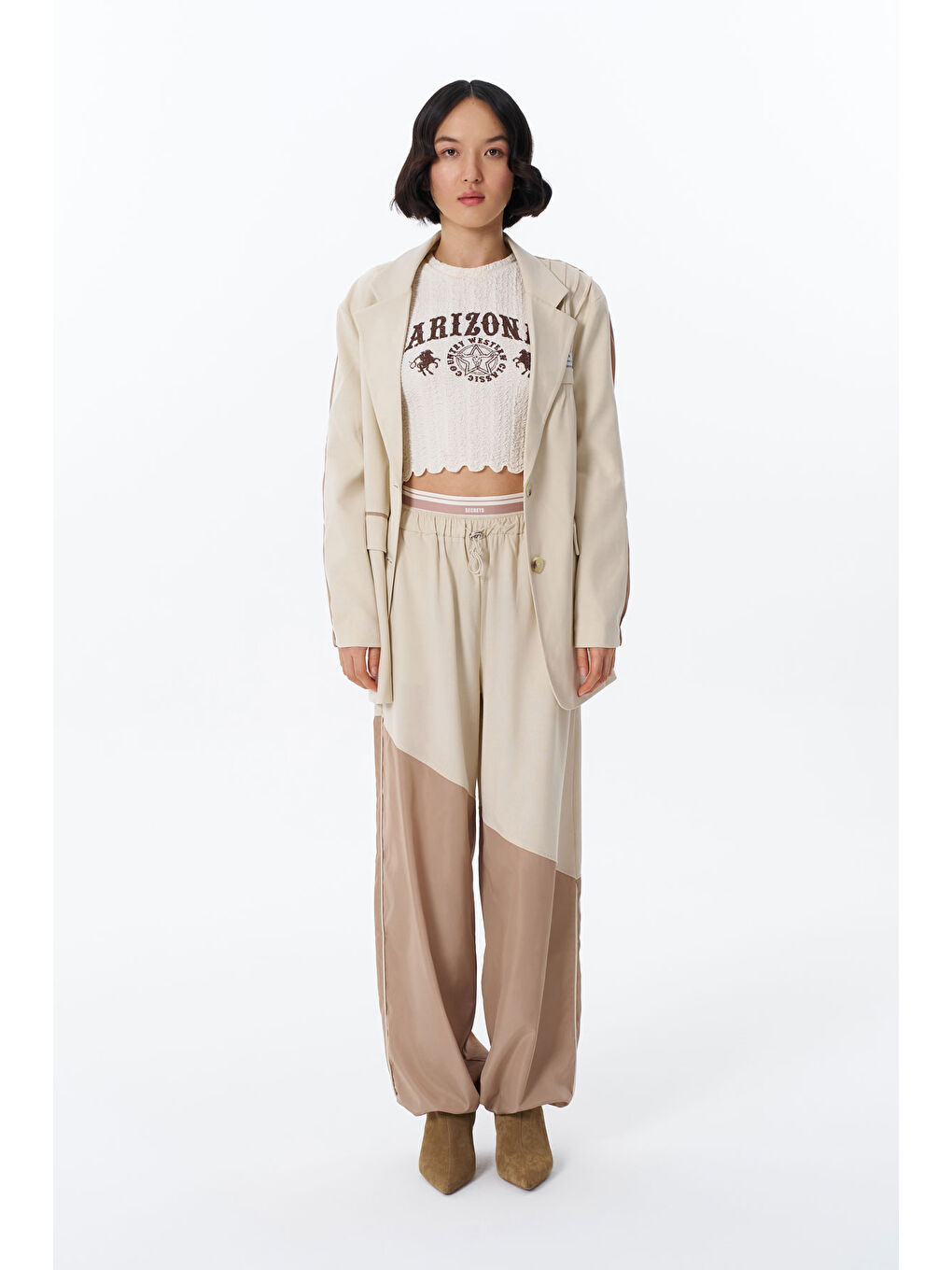 Renk Bloklu Beli Lastikli Geniş Paça Pantolon Bej-3