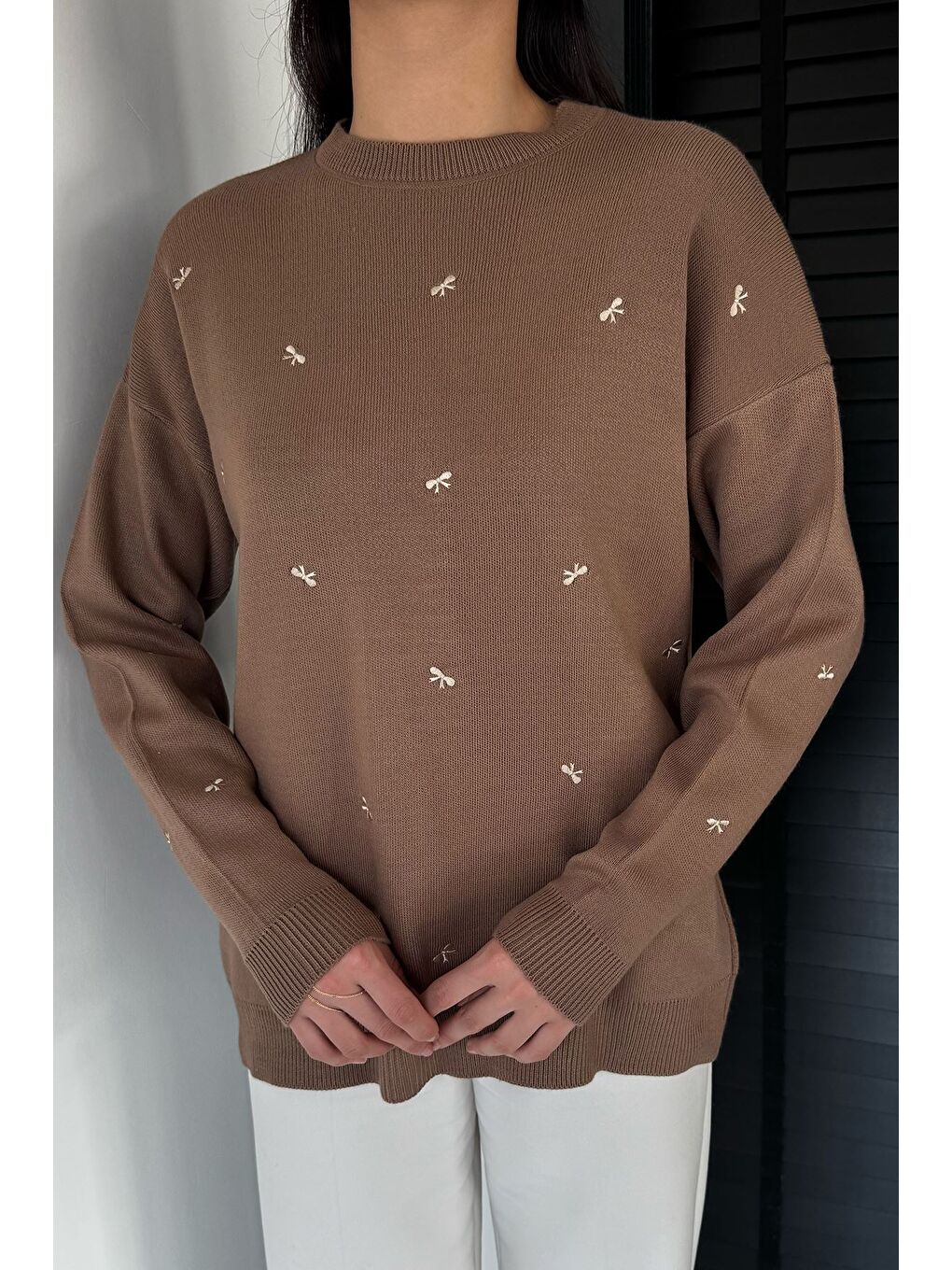 Bej Kadın Kurdele Nakışlı Triko Kazak (m-l-xl Uyumludur)-1