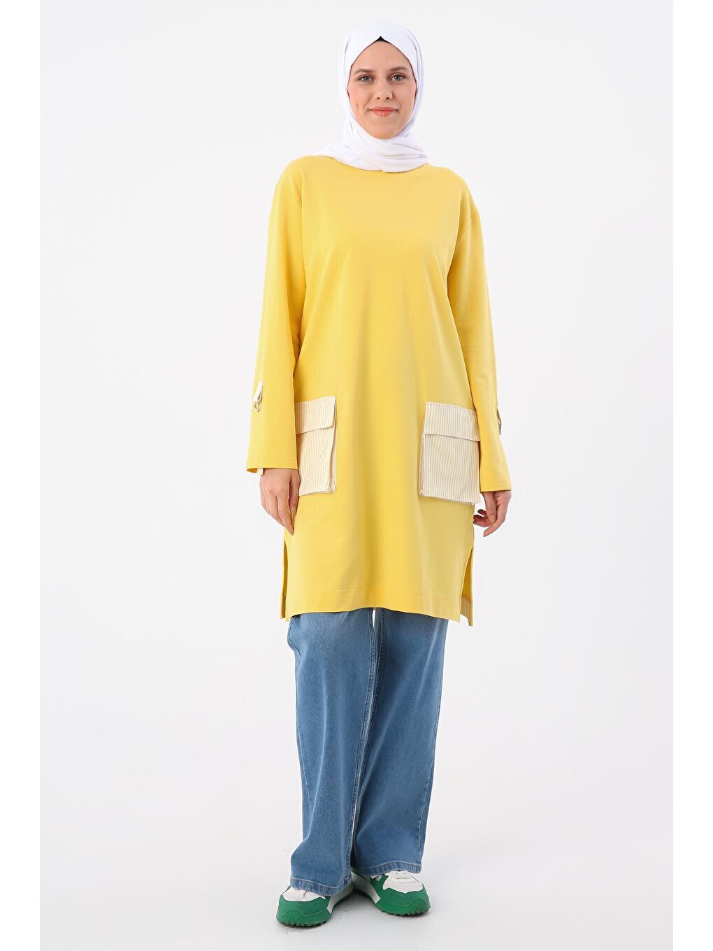 Sarı Kolları Apoletli Çizgili Cepli Tunik-1