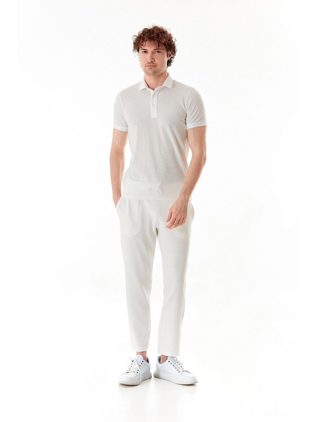 Ekru Waffle Kumaş Beli Lastikli Pantolon