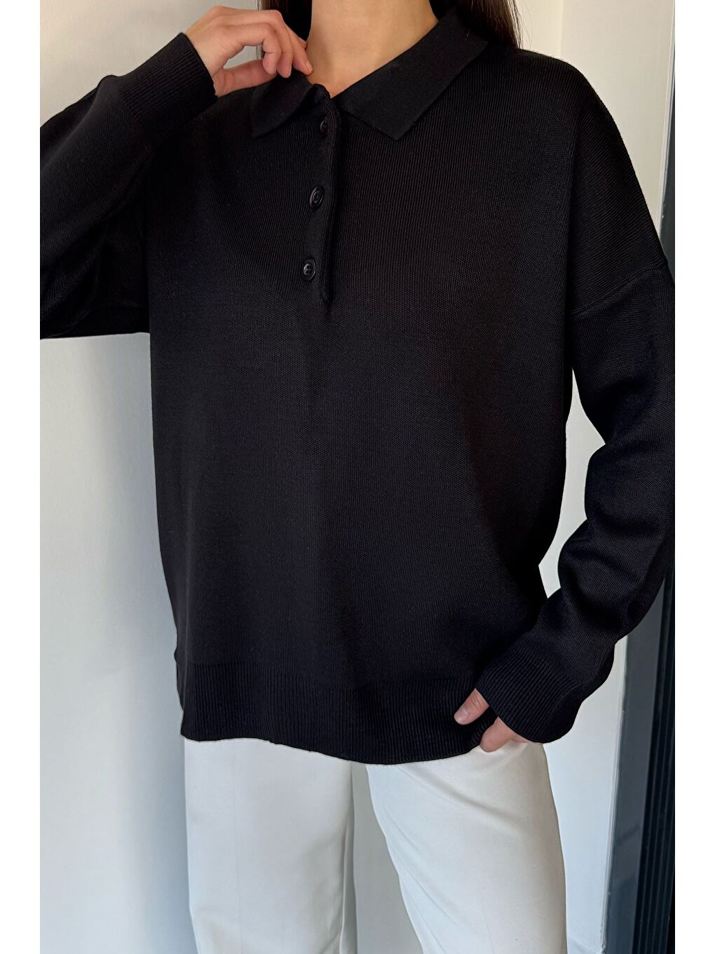 Siyah Kadın Yarım Düğmeli Triko Kazak-2