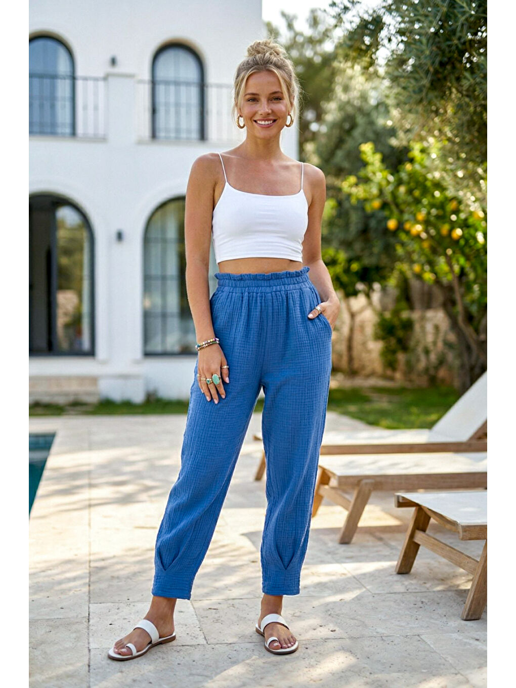 Mavi Cepli Paçası Dikişli Lastikli Bel Şalvar Paça Casual Müslin Dokuma Pantolon 94 63-2