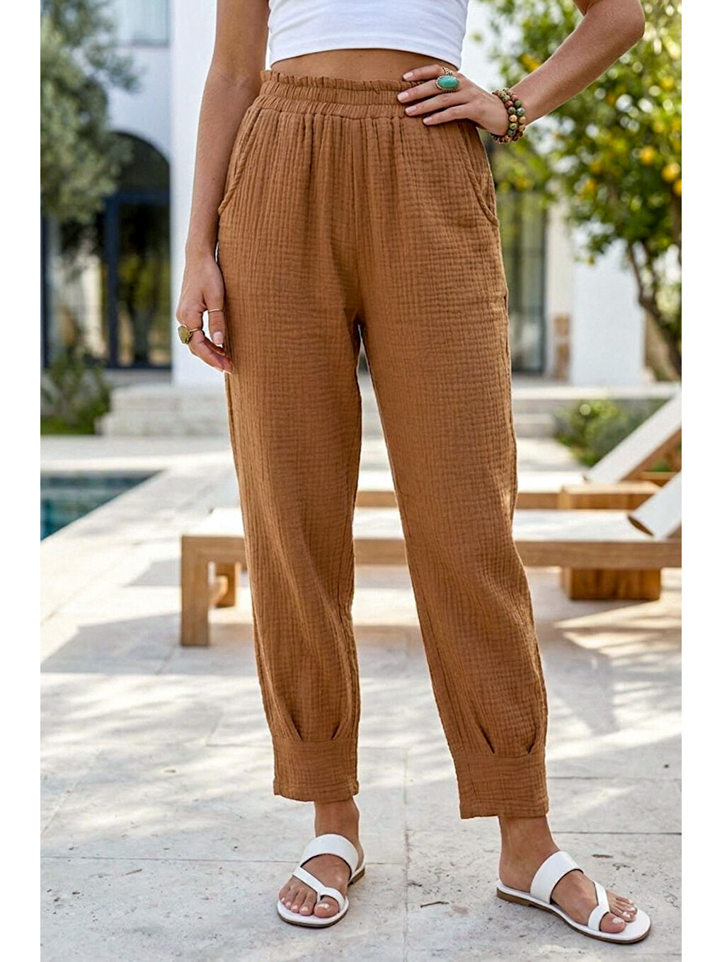 Kahverengi Tarçın Rengi Cepli Paçası Dikişli Lastikli Bel Şalvar Paça Casual Müslin Dokuma Pantolon 94 63