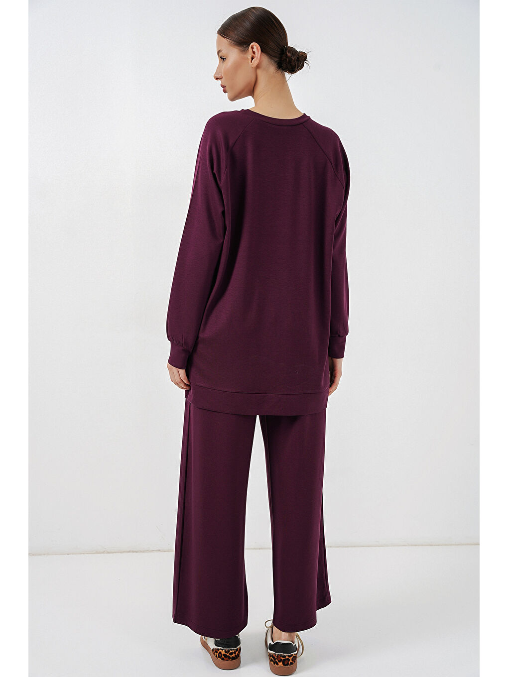 Kadın Desenli Oversize Tunik Pantolon İkili Takım 55462 - Mor-5