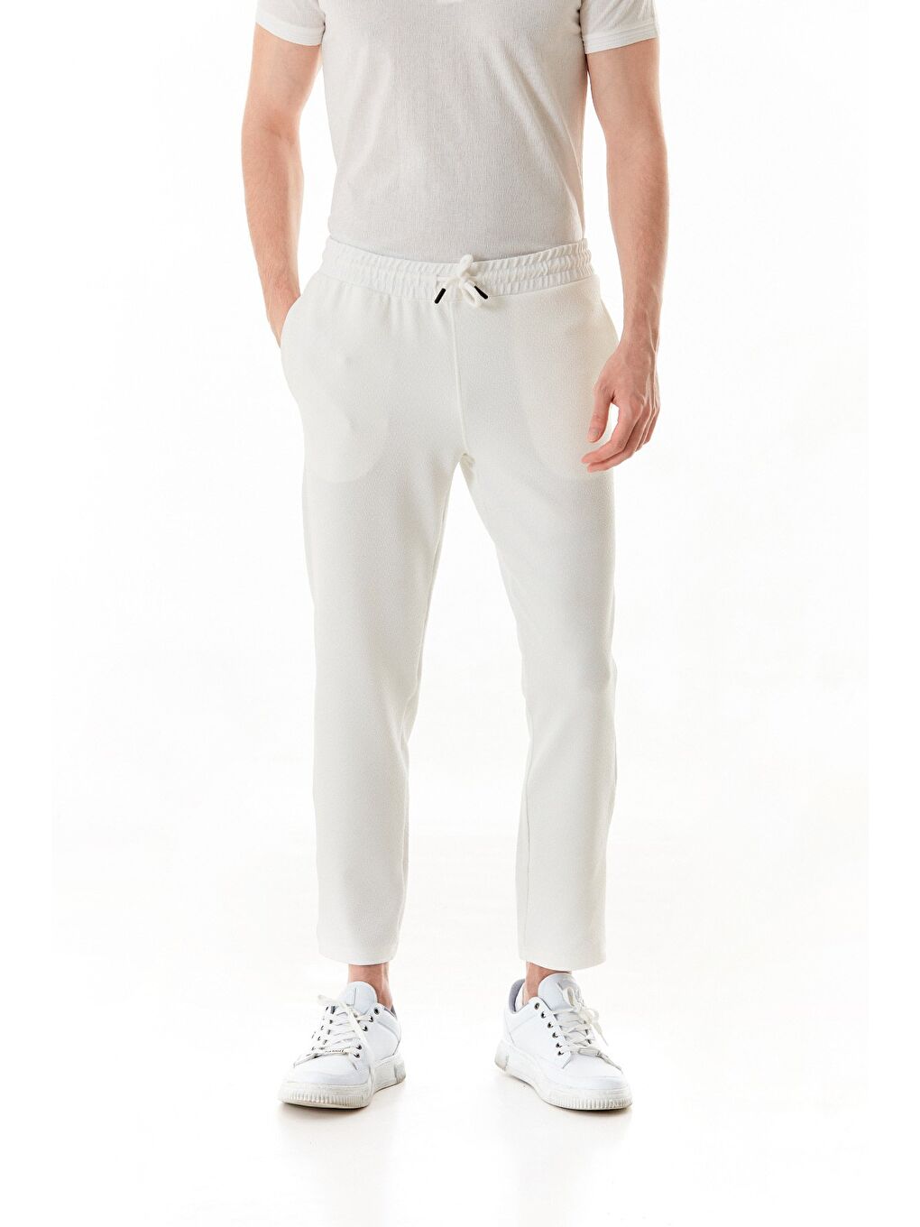 Ekru Waffle Kumaş Beli Lastikli Pantolon-1