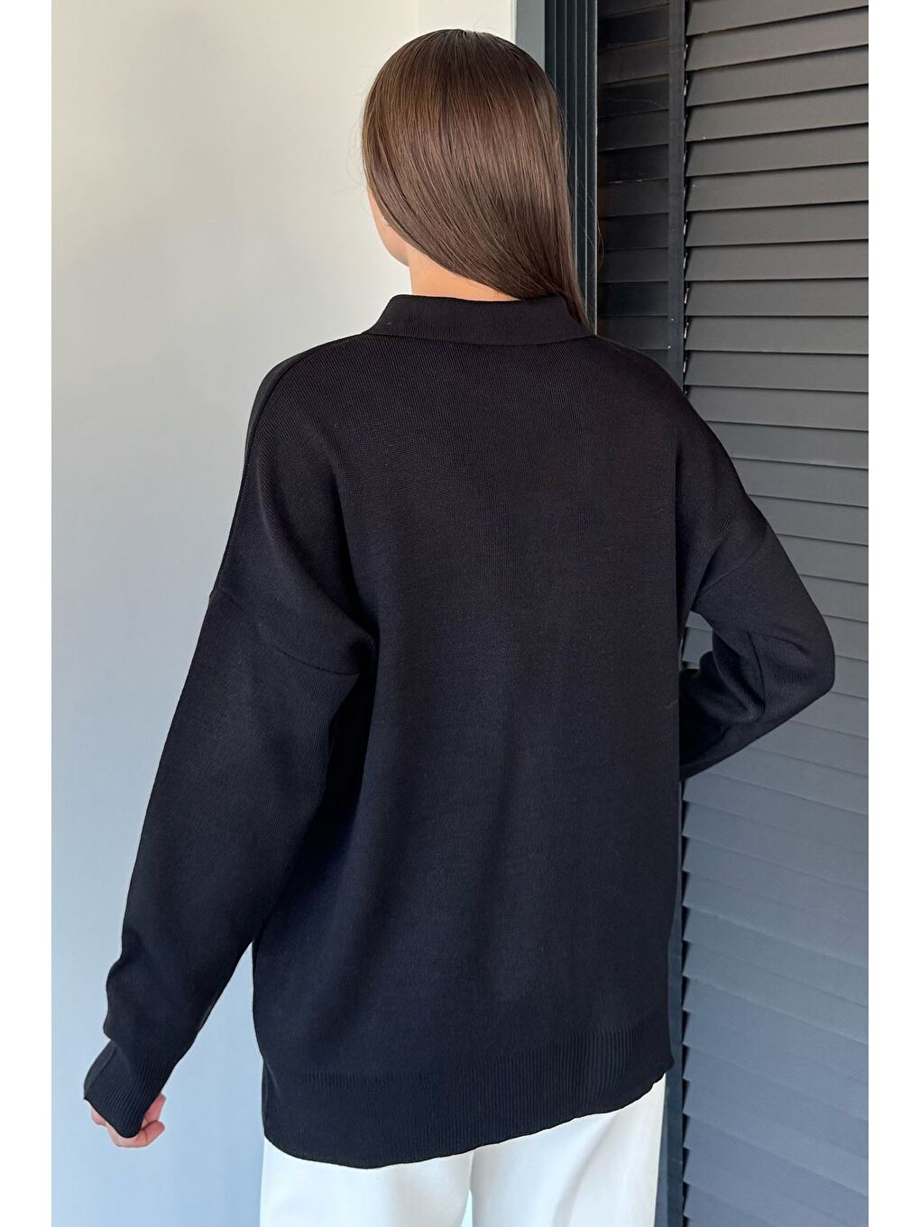 Siyah Kadın Yarım Düğmeli Triko Kazak-3