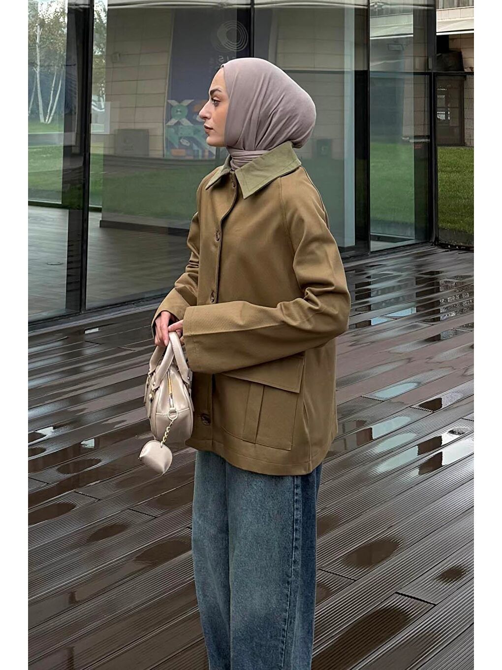 Yaka Detaylı Düğmeli Gabardin Ceket Haki-3