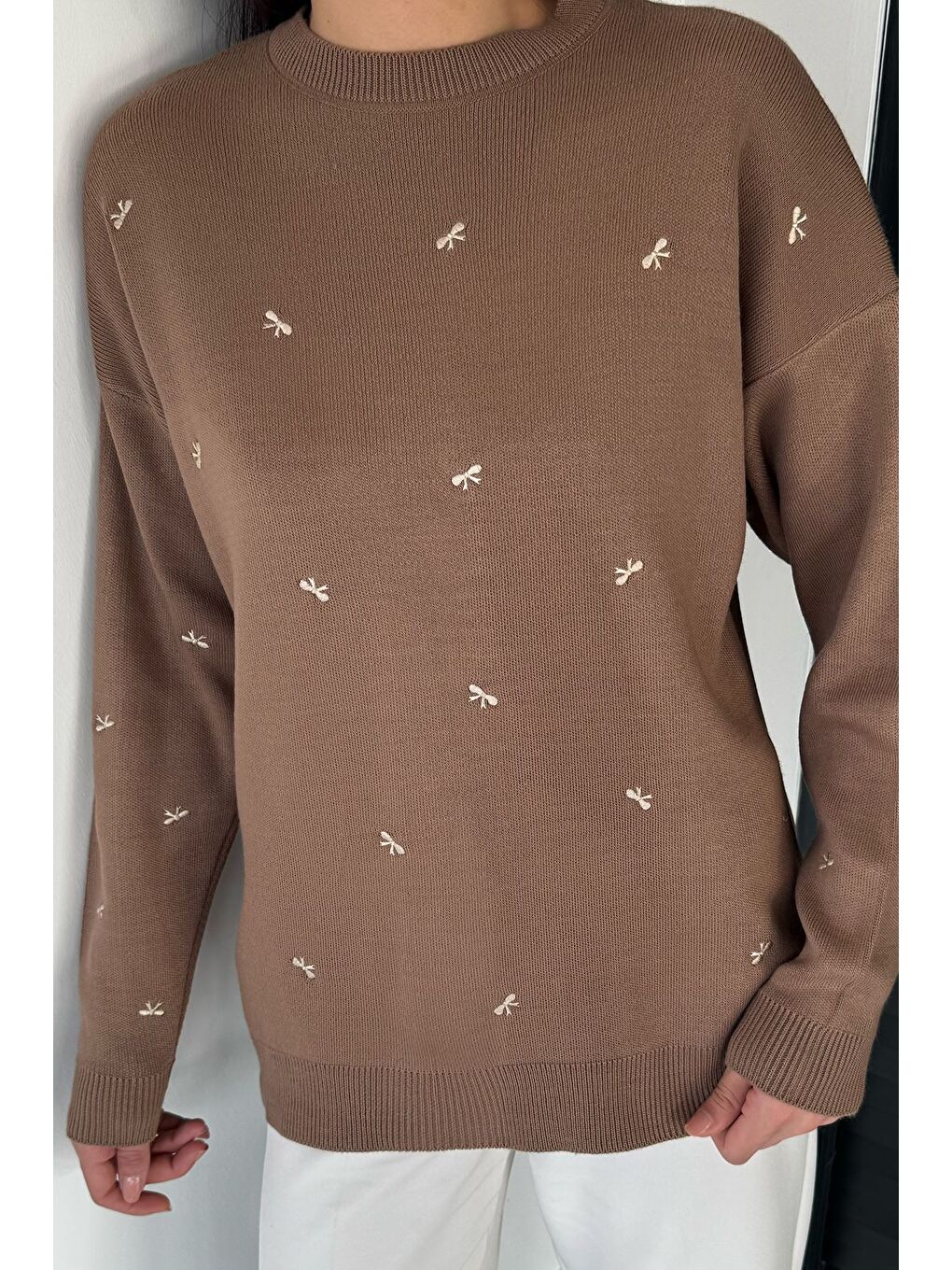 Bej Kadın Kurdele Nakışlı Triko Kazak (m-l-xl Uyumludur)-2