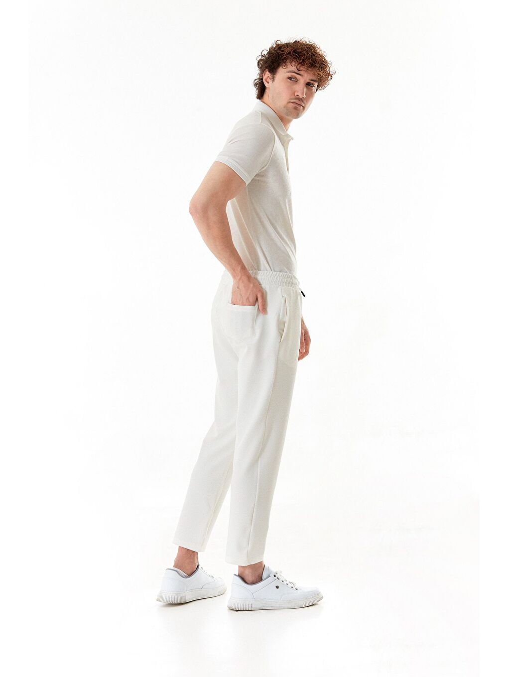 Ekru Waffle Kumaş Beli Lastikli Pantolon-2