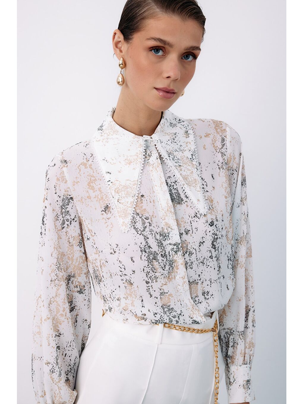 Lila Geniş İnci Yakalı Gömlek - Ekru-Gold