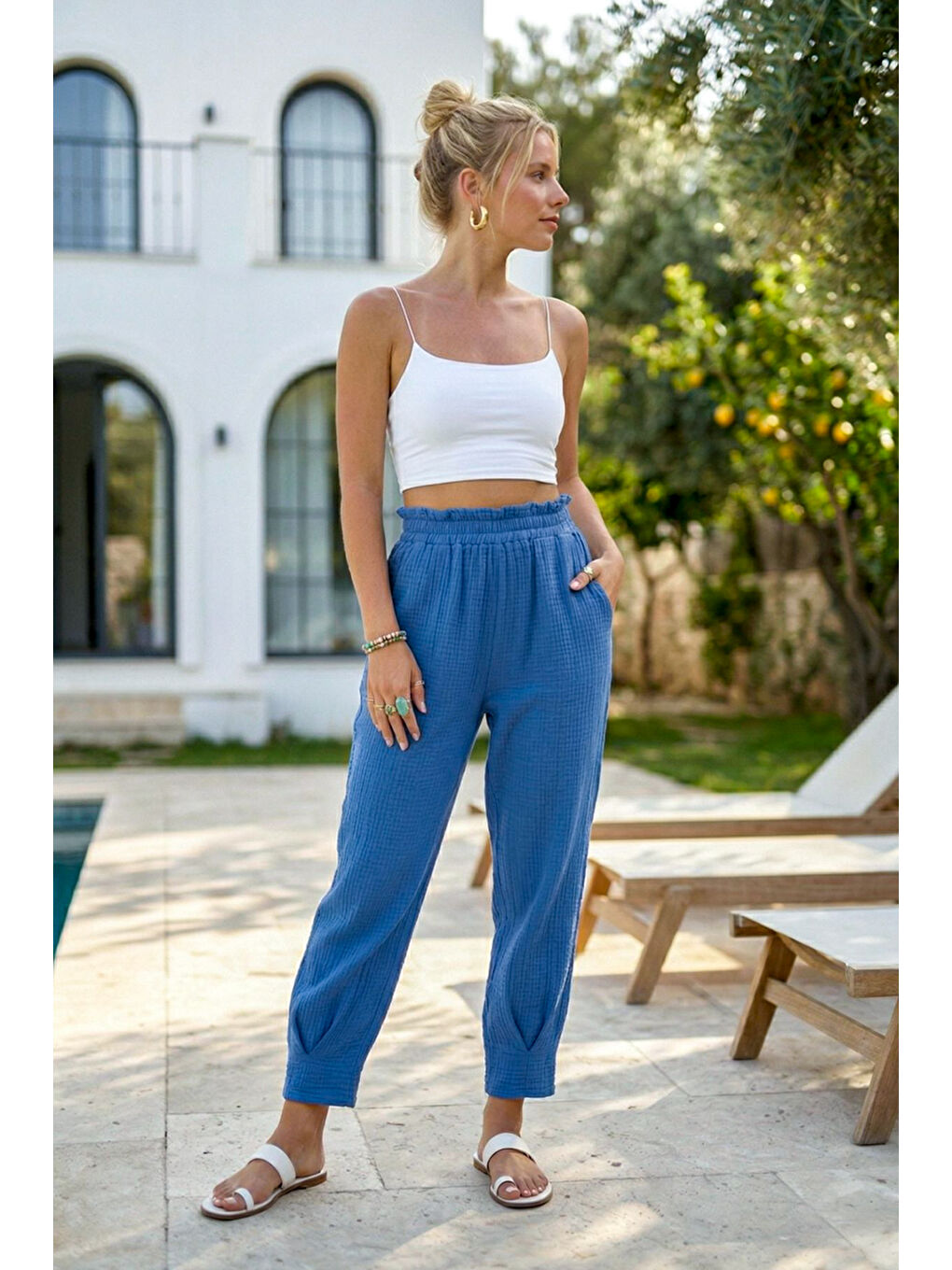 Mavi Cepli Paçası Dikişli Lastikli Bel Şalvar Paça Casual Müslin Dokuma Pantolon 94 63-3