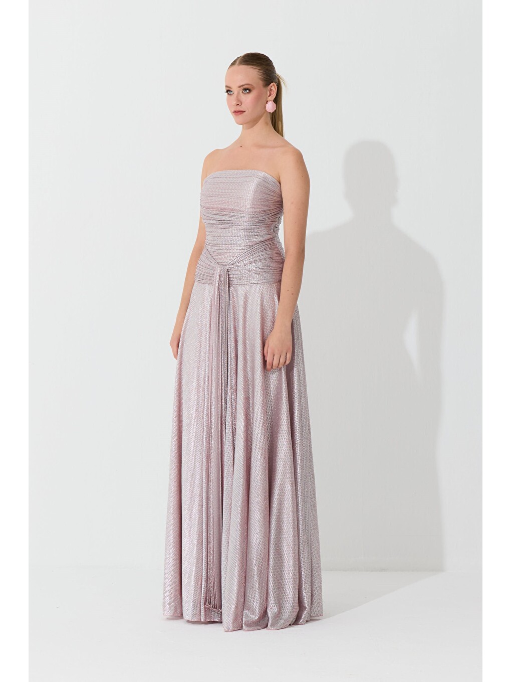 Pembe Pudra Straplez Simli Örme Abiye Elbise-4