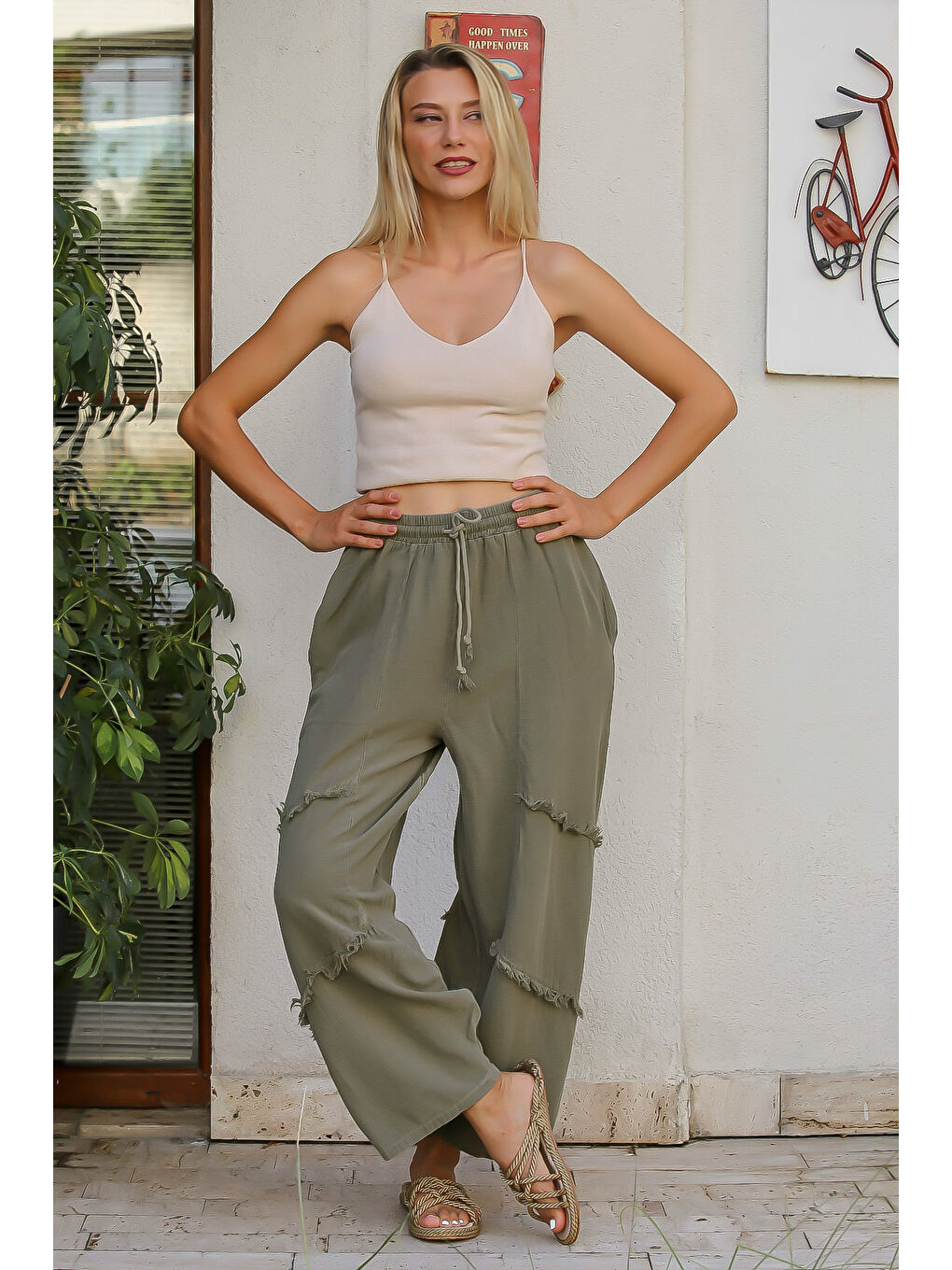 Haki Düz Renk Çift Cepli Yıkamalı Dokuma Şalvar Pantolon-2