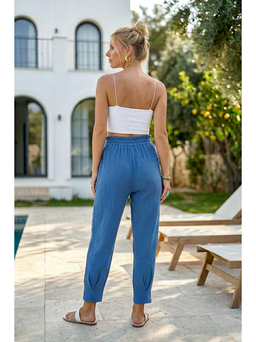 Mavi Cepli Paçası Dikişli Lastikli Bel Şalvar Paça Casual Müslin Dokuma Pantolon 94 63-4