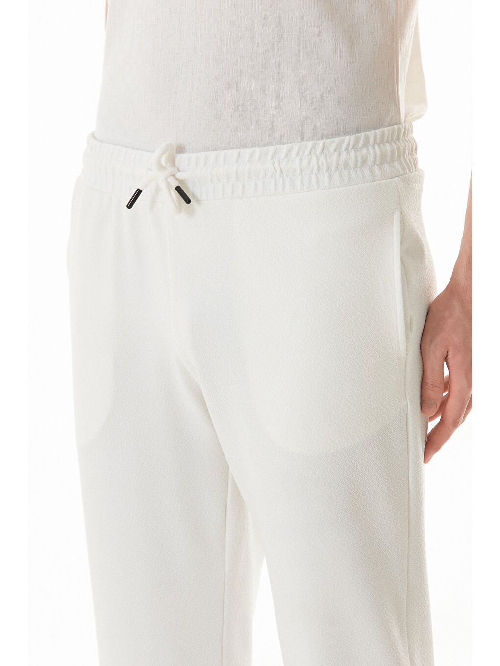 Ekru Waffle Kumaş Beli Lastikli Pantolon-4