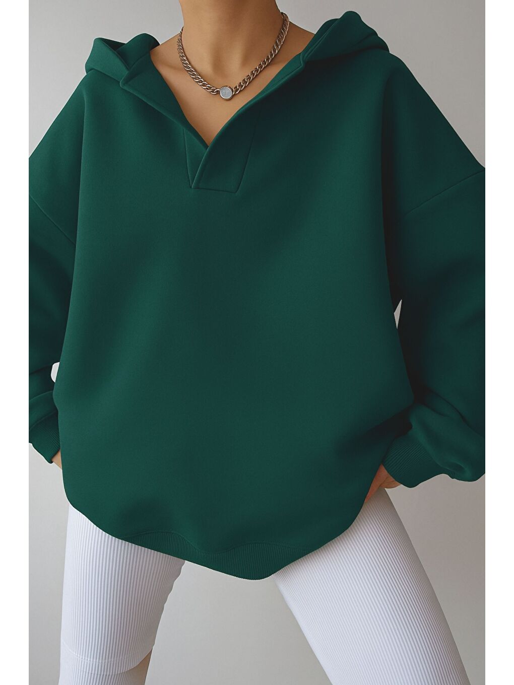 Kadın Nefti Yeşil Relax Yaka Detay Oversize Kapüşonlu Sweatshirt