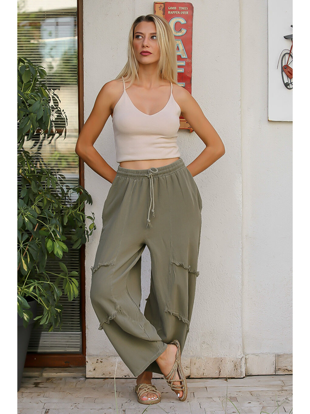 Haki Düz Renk Çift Cepli Yıkamalı Dokuma Şalvar Pantolon-3