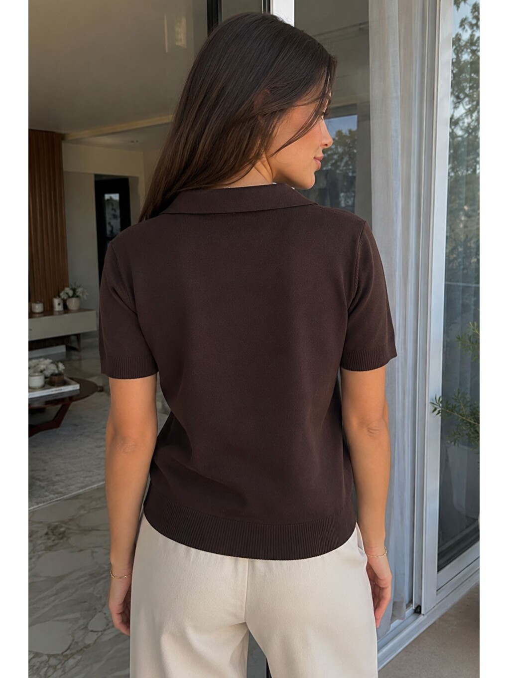 Kahverengi Kadın Polo Yaka Çiçek Nakışlı Triko Bluz-3