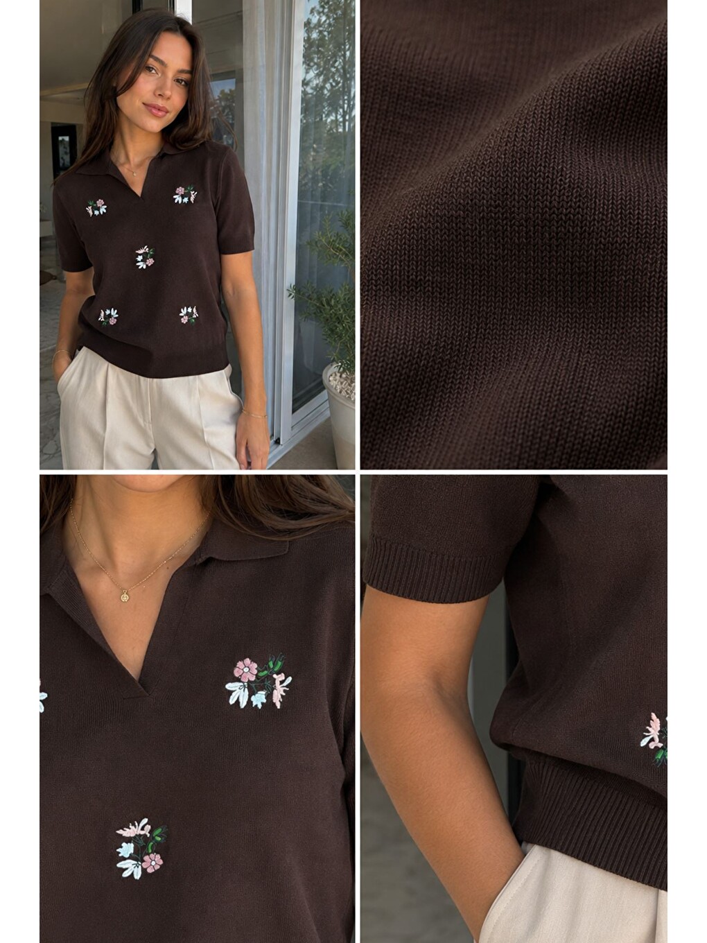 Kahverengi Kadın Polo Yaka Çiçek Nakışlı Triko Bluz-4