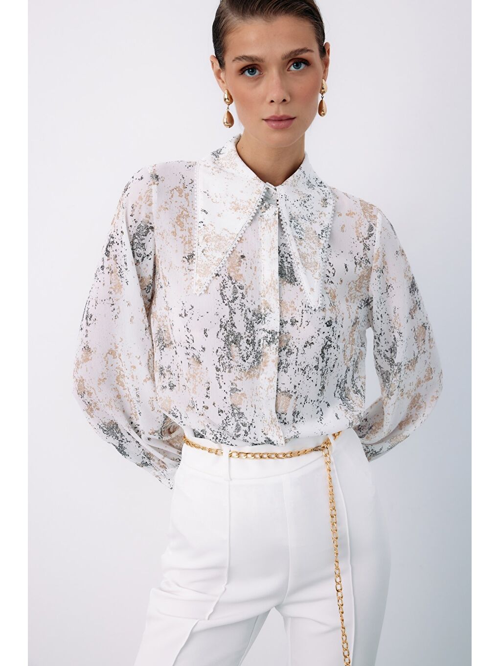 Lila Geniş İnci Yakalı Gömlek - Ekru-Gold-3